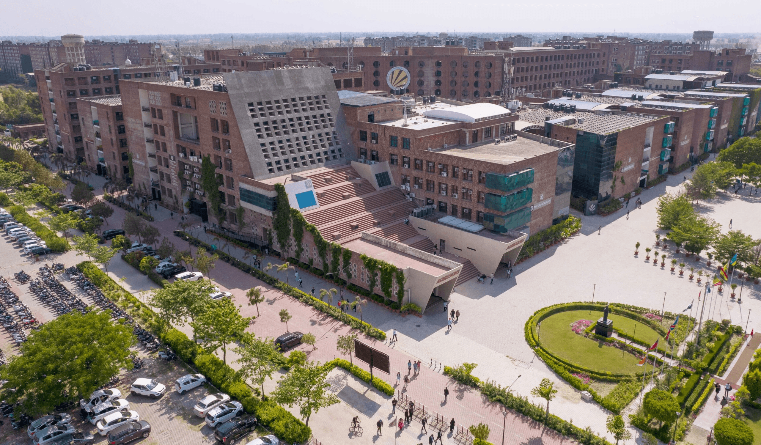Aerial view of Lovely Professional University’s admissions buildings and landscaped campus